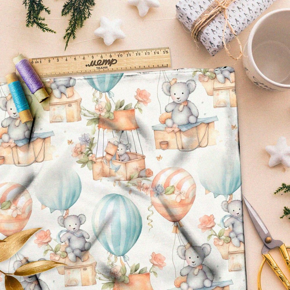 Ткань премиум сатин милые зверьки на воздушных шарах