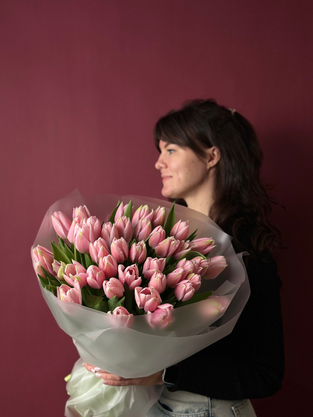 Букет розовых гладких тюльпанов