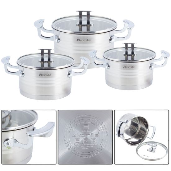 Набор кастрюль 6 предметов 1,7 л; 2,4 л; 3,1 л. Kamille KM 5861 из нержавеющей стали
