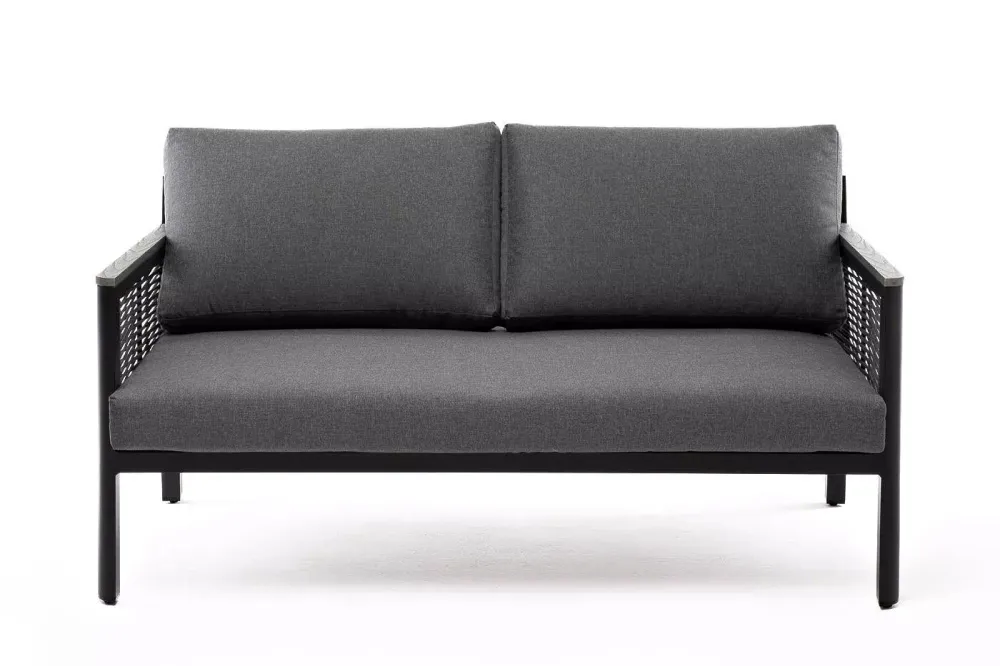 "Сан Ремо" диван 2-местный плетеный из роупа, каркас алюминий темно-серый, роуп серый, ткань серая