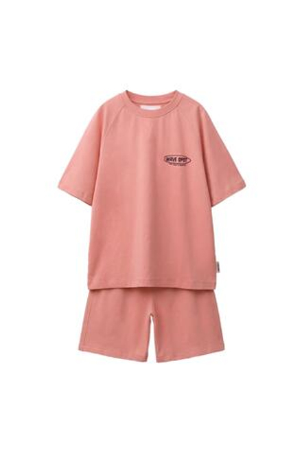 ZARA КОМПЛЕКТ ИЗ ФУТБОЛКИ И ШОРТОВ С НАДПИСЬЮ, КОРАЛЛОВЫЙ