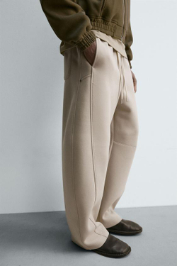 ZARA БРЮКИ BALLOON FIT С ЭФФЕКТОМ НЕОПРЕНА, КАМЕННЫЙ