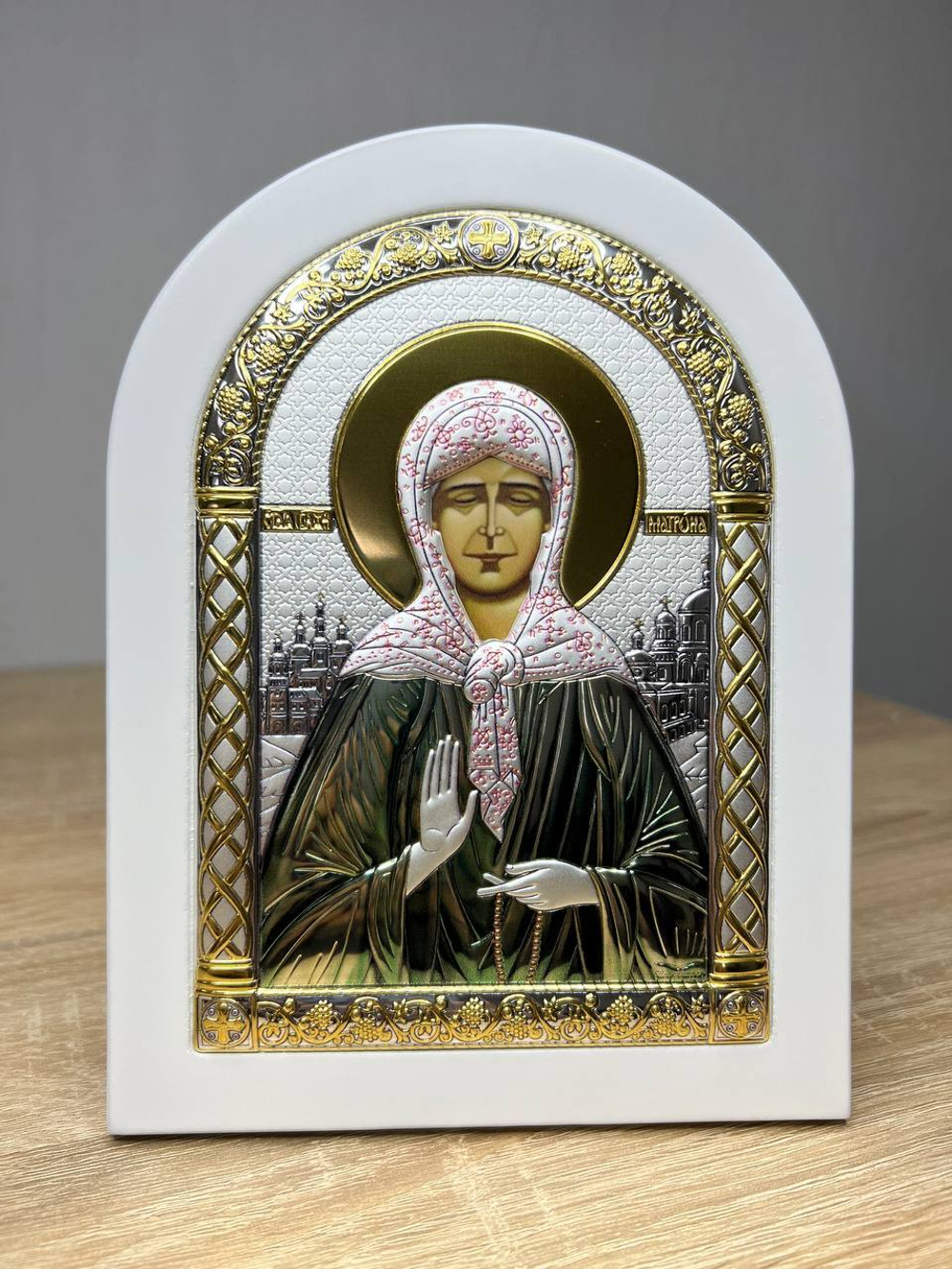 Матрона, икона арочная, белое дерево, эмаль 175х225