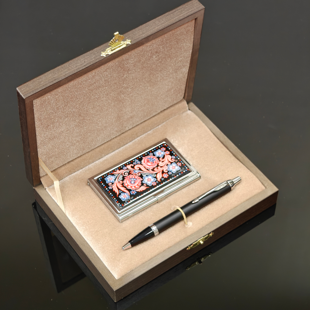 Набор "Русские узоры" №2 визитница персональная с ручной росписью, ручка Parker