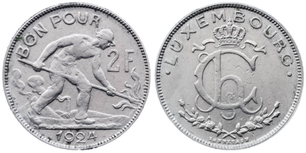 Люксембург 2 франка, 1924 Сталивар XF