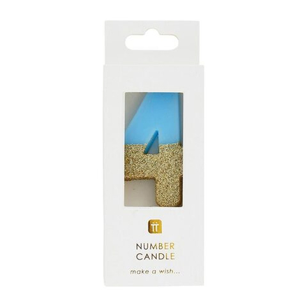 Восковая свеча цифра "4" (голубая с глиттером)