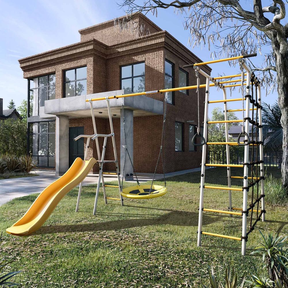 Детский спортивный комплекс для дачи ROMANA Богатырь мини Плюс 2 (желтый/серый) (Качели гнездо 100см)