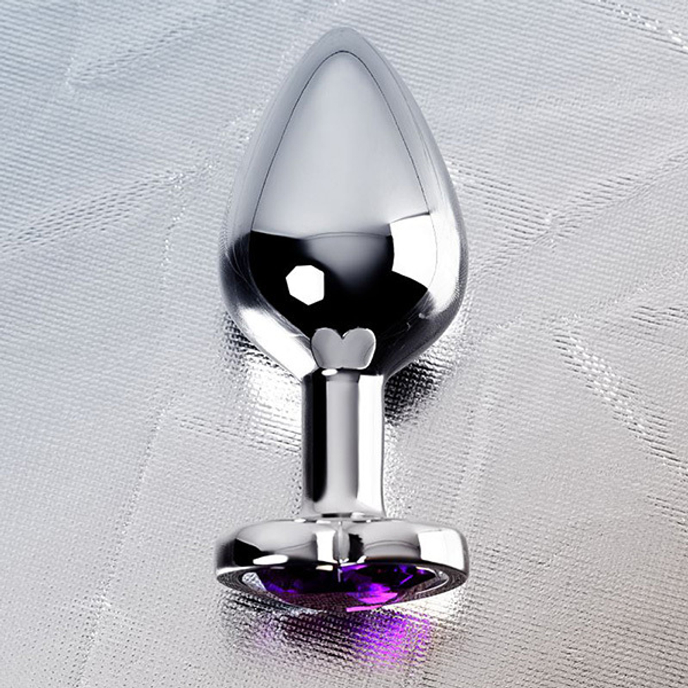 Серебристая анальная пробка 8см с фиолетовым кристаллом сердцем ToyFa Metal 717014-4