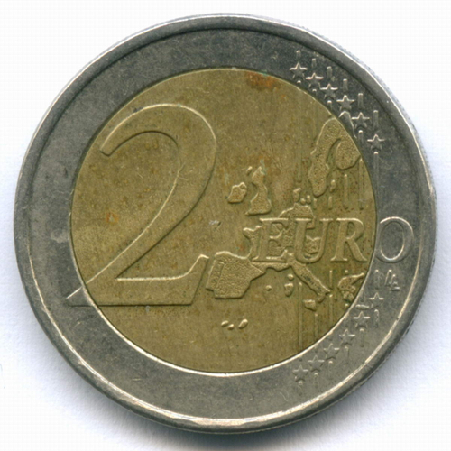 2 евро 2002 год. Греция. Регулярный выпуск. Тип 1 (Разновидность - звезда c S. Suomi - Финляндия). Биметалл VF-XF
