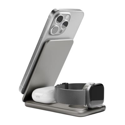 Складная зарядная станция MagSafe VLP Alum Power Pro для iPhone, Apple Watch и AirPods (Qi2) Беспроводная зарядка: Qi 15 Вт, Qi 5 Вт, магнитное крепление для зарядки Apple Watch (Qi 3 Вт). Проводная зарядка: нет. Сертификация Qi2. Отсутствует LED-индикаци