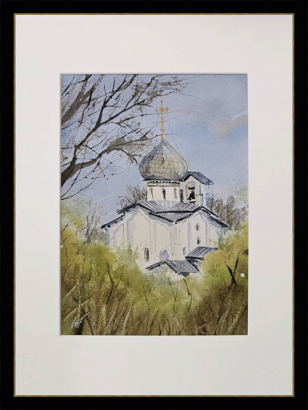 Картина авторская акварельная в паспарту 21х30 см на стену для интерьера "Церковь Петра и Павла с Буя. Псков"