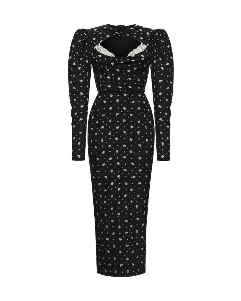 Macel midi, платье миди из черного крепдешина с мелким цветочным принтом