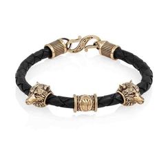 Браслет гайтан черный 5 мм с руной Альгиз и двумя шармами Волк Бронза