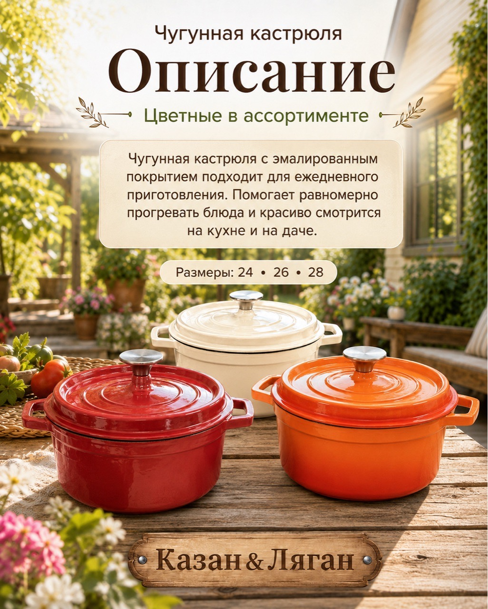 Кастрюля чугунная эмаль 26 см