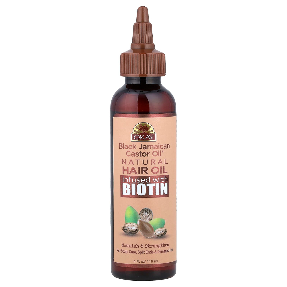 Okay Pure Naturals, Black Jamaican Castor Oil®, натуральное масло для волос, обогащенное биотином, 118 мл (4 жидк. унции)
