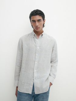 Massimo Dutti Рубашка из 100% льна в полоску, зеленый