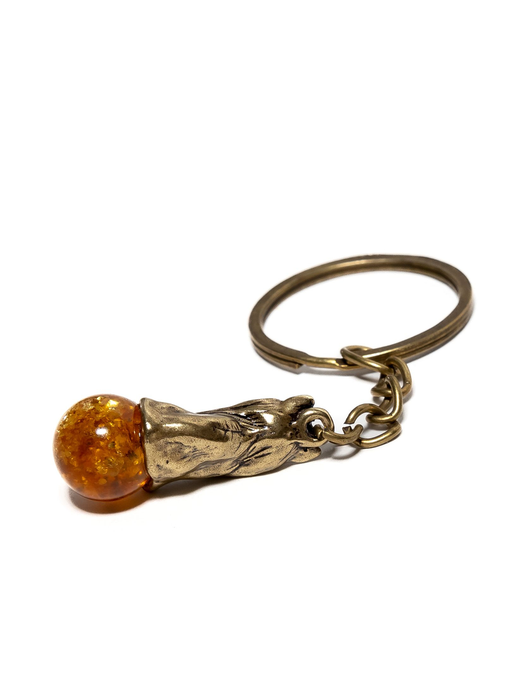 Брелок с янтарем натуральным - собака Йорк, диаметр камня 12 мм