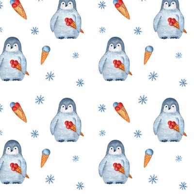 Пингвины, мороженое и снежинки на белом / Penguins, ice cream and snowflakes on white
