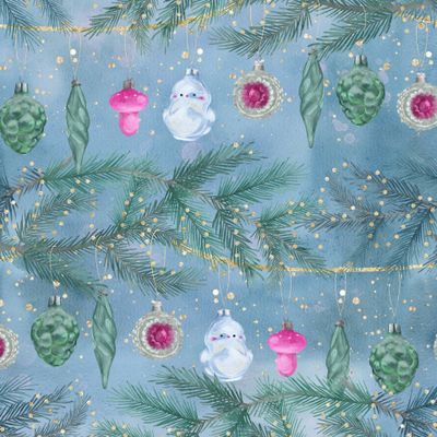 Новогодние игрушки на голубом акварельном фоне