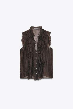 ZARA ПОЛУПРОЗРАЧНЫЙ ТОП С ВОЛАНАМИ, КОРИЧНЕВЫЙ