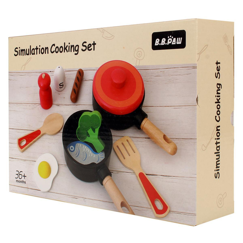 Кухонный набор деревянный (сковородки + еда), коробка C-41652