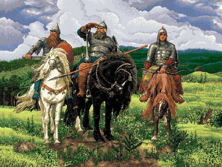 Гобеленовая картина "D. ТРИ БОГАТЫРЯ" в багетной раме, Россия.