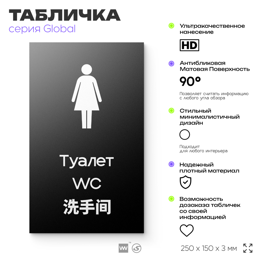 Табличка Мужской туалет, на дверь и стену, информационная и мультиязычная (русский, английский, китайский), серия GLOBAL, 25х15 см, Айдентика Технолоджи