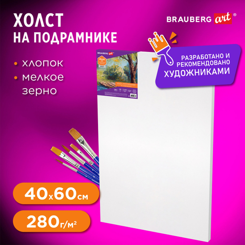 Холст на подрамнике BRAUBERG ART DEBUT, 40х60см, 280 г/м2, грунт, 100% хлопок, мелкое зерно, 191644