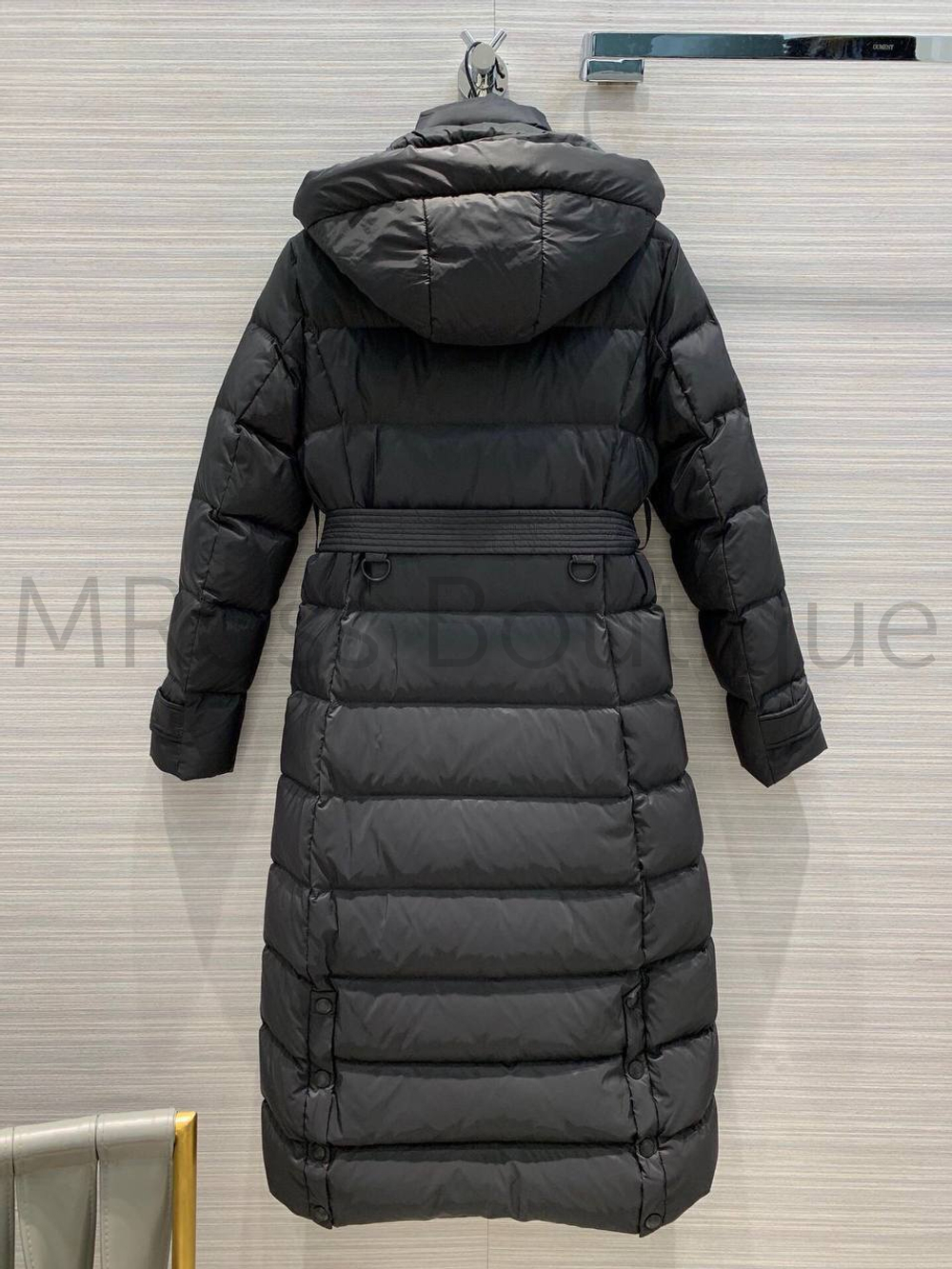 Черное пуховое удлиненное пальто Burberry премиум класса с капюшоном