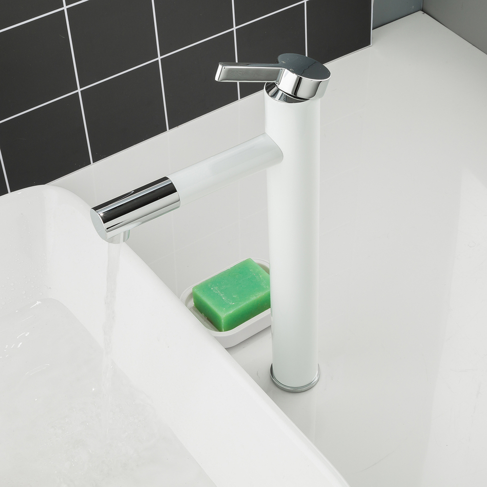 Смеситель для раковины 40к F1052-15 FRAP (высокий, литой, п/гайку, БЕЛЫЙ/ХРОМ, латунь)