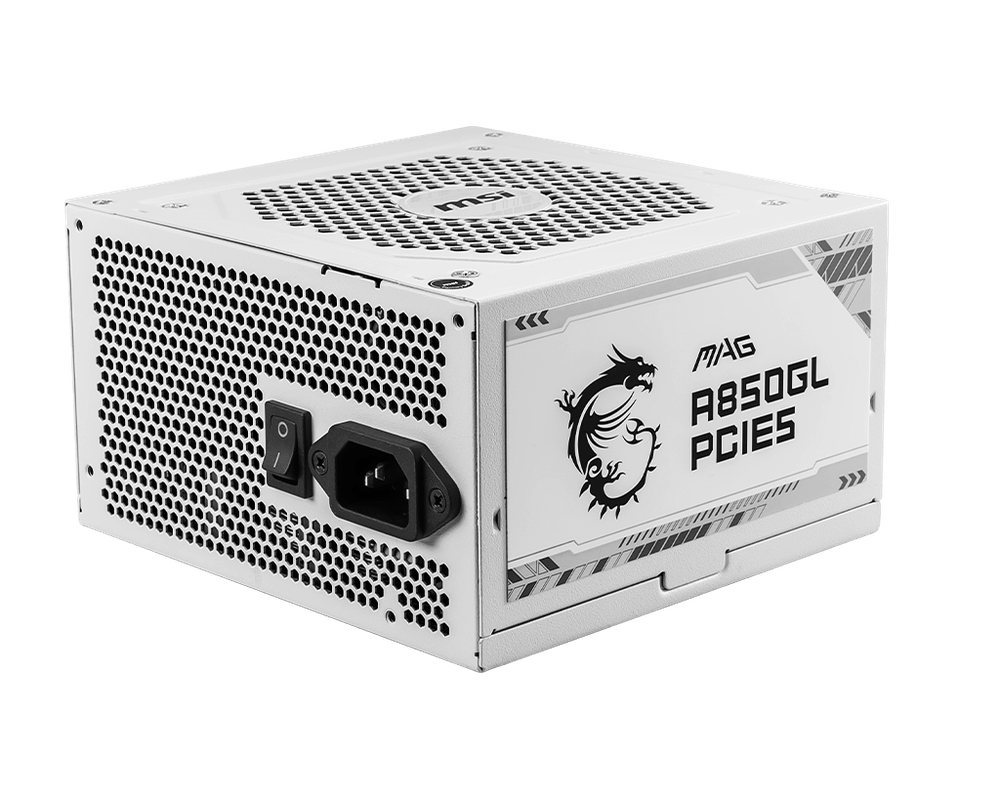 Блок питания MSI  850W, MAG A850GL PCIE5 WHITE, Full Modular, ATX, 80+ GOLD, >90%, Fan 120mm, Белый