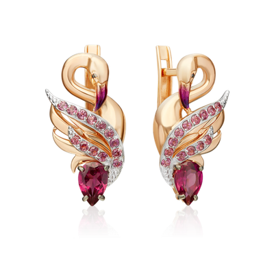 Серьги «Розовый фламинго» с английским замком из красного золота с гранатами и эмалью