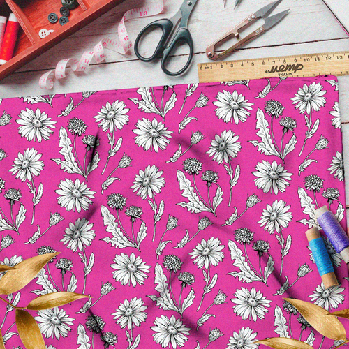 Ткань шелк Армани эскизы ромашек на ярко-розовом фоне