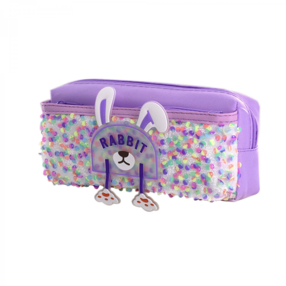 Пенал - косметичка Alingar, ПВХ, пайетки, молния, боковой карман, 90 х 200 мм, "Rabbit", фиолетовый (ушки и лапки)