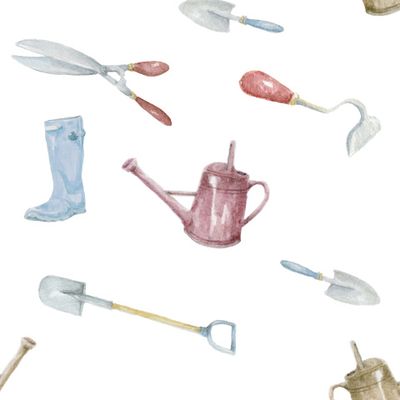 Акварельная иллюстрация садовых предметов.