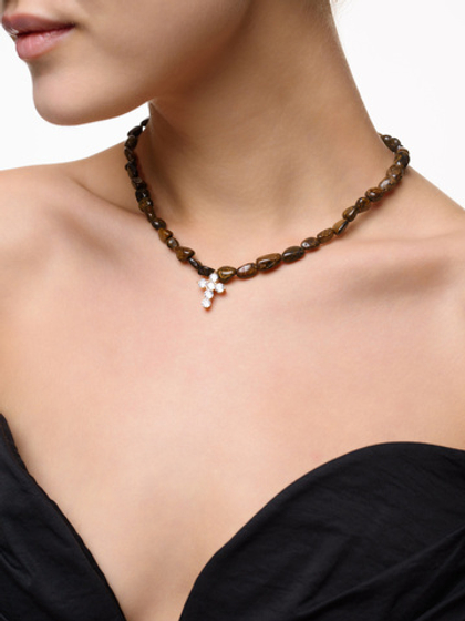 Колье "Elegant cross brown" Gold