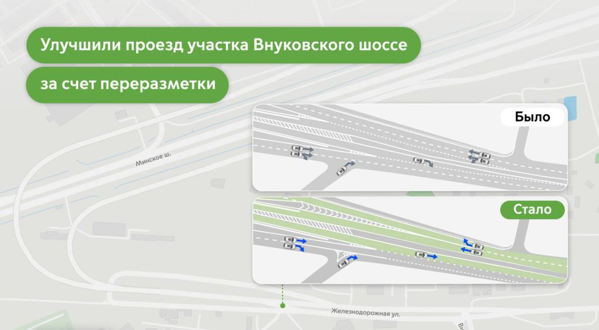 Безопасность и комфорт на Внуковском шоссе: новая разметка улучшила движение у эстакады над Минским шоссе