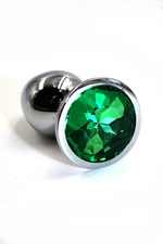 Анальная пробка "Small" из алюминия с насыщенным зеленым кристаллом (Цвет: серебристый)