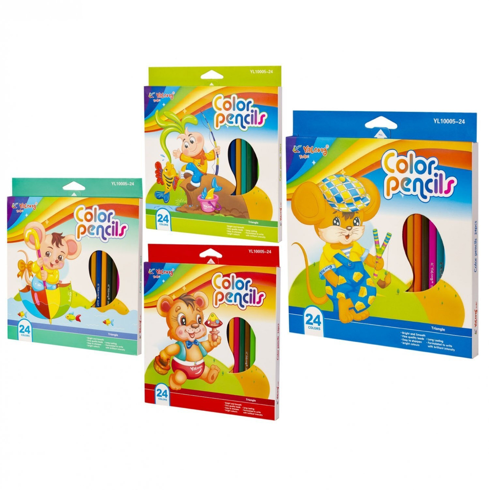 Карандаши цветные Yalong 24 цв., "Герои сказок" пластиковые, трехгранные, заточенные, грифель 2.8 мм, картон. уп., европодвес