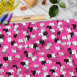 Ткань шифон розовые, белые и чёрные коты