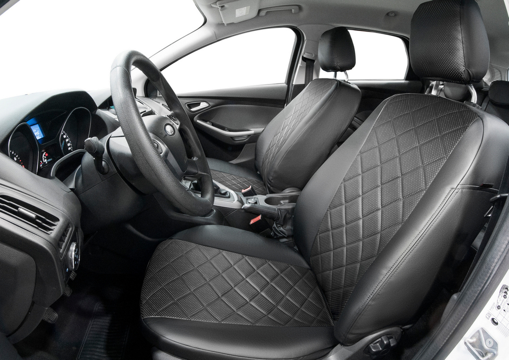 Авточехлы Rival Ромб (зад. спинка 40/60) для сидений Ford Focus III седан, хэтчбек, универсал (Ambiente и Trend) 2011-2019, эко-кожа, черные, SC.1801.2