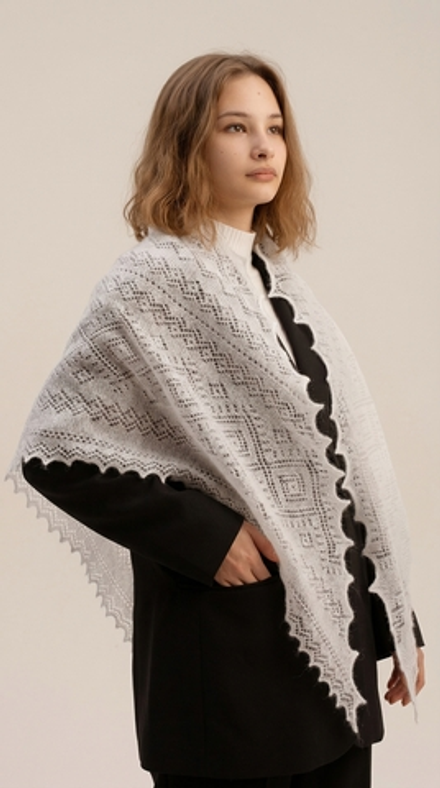 Оренбургский пуховый платок-косынка П3-130184-01 белый отбеленный