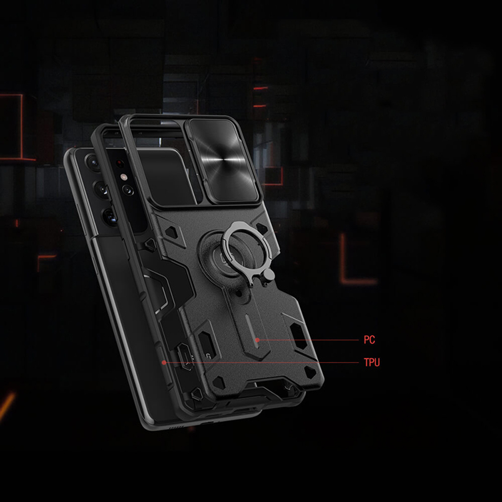 Противоударный чехол с кольцом и защитой камеры Nillkin CamShield Armor Case для Samsung Galaxy S21 Ultra