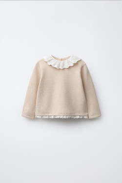 ZARA ВЯЗАНЫЙ ДЖЕМПЕР С КРУЖЕВОМ, СВЕТЛО-БЕЖЕВЫЙ