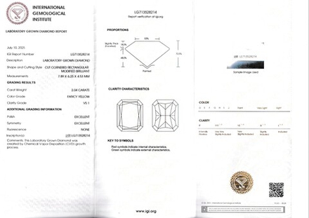 Лабораторно-выращенный бриллиант радиант 7.89 х 6.25 х 4.53 мм Fancy YELLOW/VS1 2.04 ct