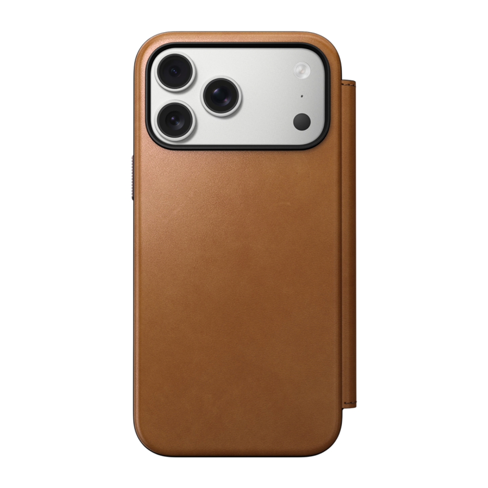 Кожаный чехол-книжка MagSafe Nomad Modern Leather Folio для iPhone 17 Pro Max Гибридный укреплённый чехол из натуральной цельнозерновой кожи с сенсорной накладкой для Контроллера камеры. Есть отделение для купюр и встроенный картхолдер — вмещает до трёх к