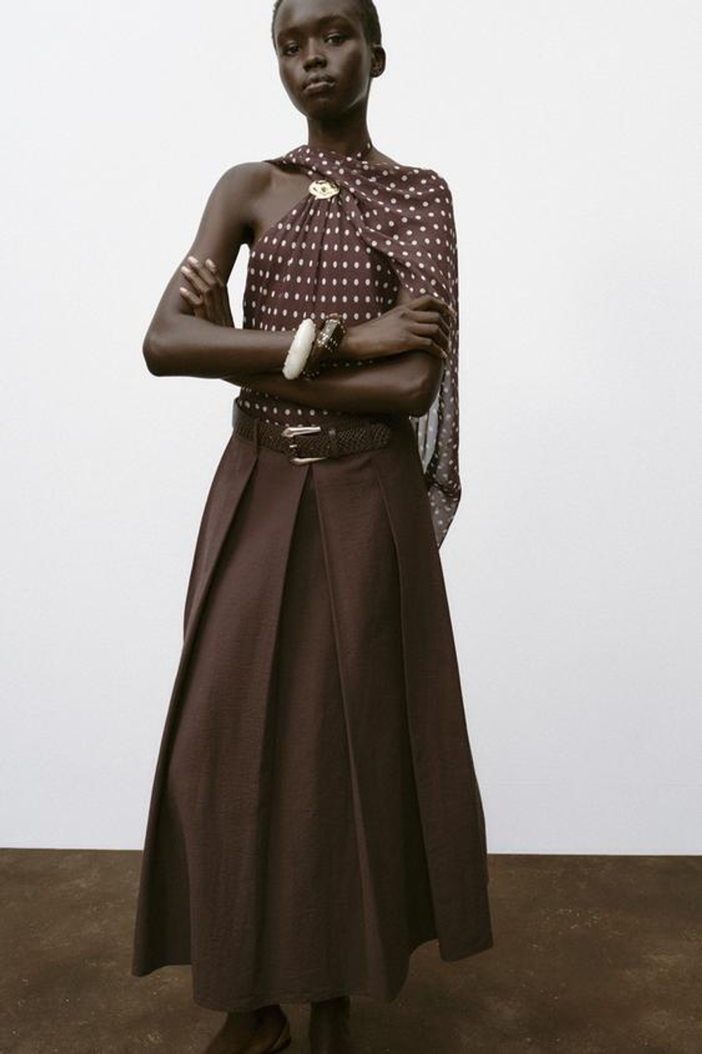 ZARA ЮБКА-КЛЕШ МИДИ С РЕМНЕМ, КОРИЧНЕВЫЙ