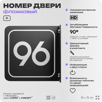 Табличка флажковая с номером 96 на дверь квартиры, для офиса, кабинета, аудитории, склада, черная двустороняя 19х19 см, Айдентика Технолоджи