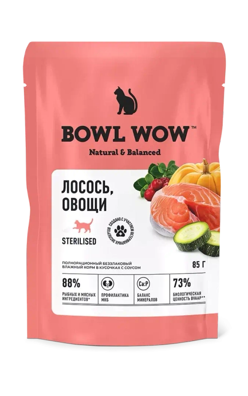 BOWL WOW БОУЛ ВАУ Влажный корм для стерилизованных кошек лосось и овощи , 85г