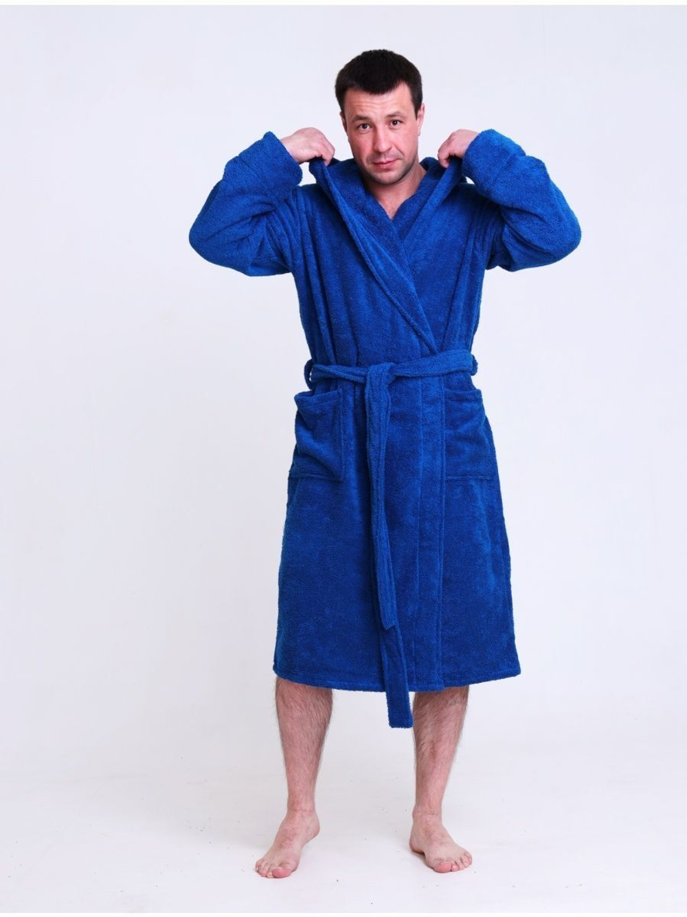 Халат махровый мужской с капюшоном 64-66 синий
